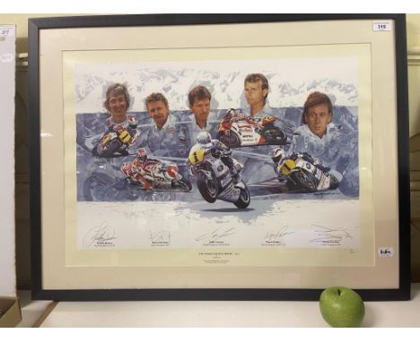 A Craig Warwick print, The Worlds Greatest Riders, Part 2, 79/500, signed by Freddie Spencer, Kevin Schwantz, Eddie Lawson, W