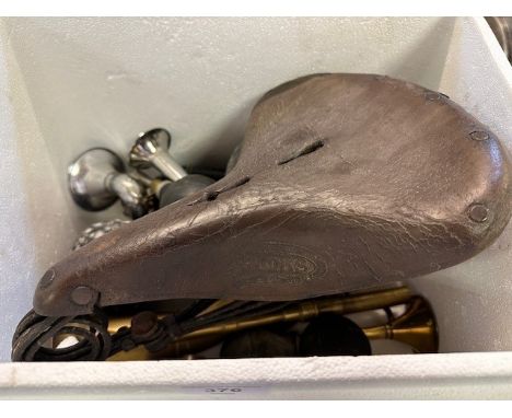 A Brooks vintage seat and assorted bulb horns (box) 