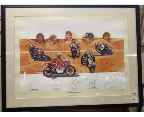 A Darrell Warner print, The Worlds Greatest Riders, Part 1, 79/500, signed by Agostini, Phil Read, Barry Sheene, Kenny Robert