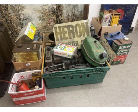 A large group of assorted oil, other cans, radios and automobiliaBlue can Shell-Mex BP LTD 