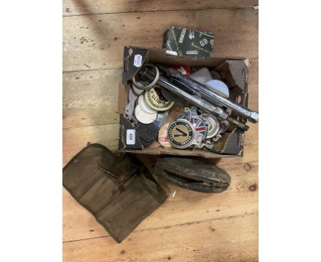 Assorted car, other badges and a small group of tools 