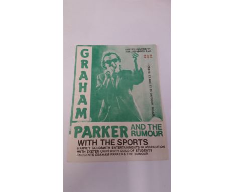 POP MUSIC, concert ticket, Graham Parker and The Rumor, Tuesday 13th March n.y. (1976), at Exeter University, fold, VG
