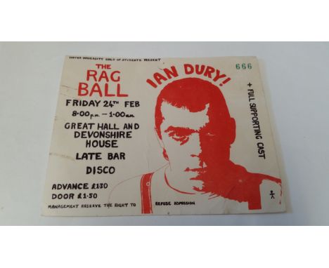 POP MUSIC, concert ticket, Ian Dury, Friday 24th Feb n.y. (1978), at Exeter University, creased, VG