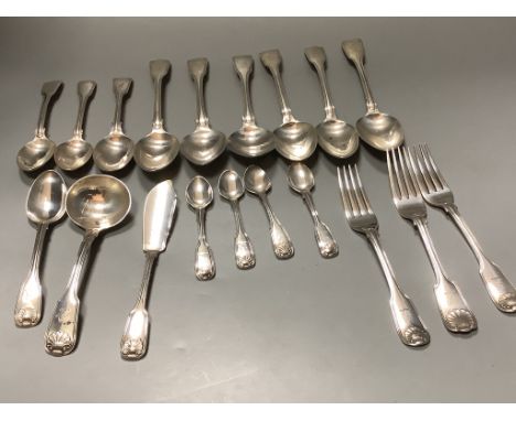A part service of Georgian and later silver fiddle, thread and shell pattern flatware,crested, comprising six tablespoons, fo