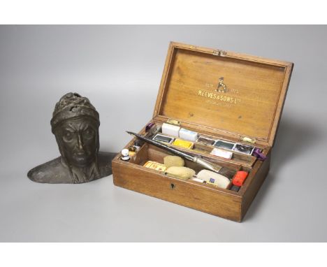 A Reeves &amp; Sons mahogany paint box and a bronze portrait bust, Dante