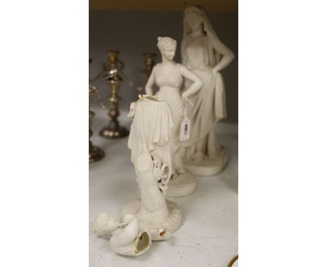 Two Minton parian figures of classical maidens and a similar Worcester figure, tallest 43cm (a.f.)
