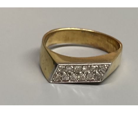 A modern 18k yellow metal and pave set two row diamond ring, size L/M, gross 4.8 grams.