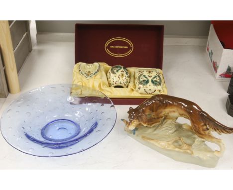 A large Czechoslovakian porcelain model of a hunting dog, length 33cm, together with a cased three piece Zsolnay Pecs present