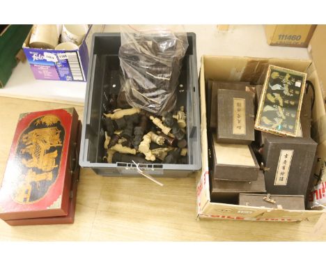 Various cased ink blocks and moulded figural chess pieces