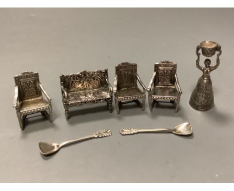 A set of three Edwardian silver miniature armchairs, Levi &amp; Salaman, Birmingham, 1902, a similar settee, a continental mi