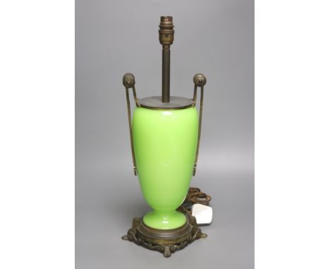 A uranium yellow glass vase desk lamp with applied cast metal mounts, 49cm high