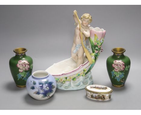 A Meissen style porcelain trinket box, a Royal Copenhagen vase, 9cm high, a cherub vase, 25cm high, and a pair of Chinese clo