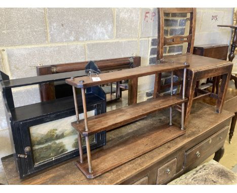 A late Victorian wall cabinet painted with a landscape scene, width 47cm,  pair of provincial wood seat chairs, a  mahogany t