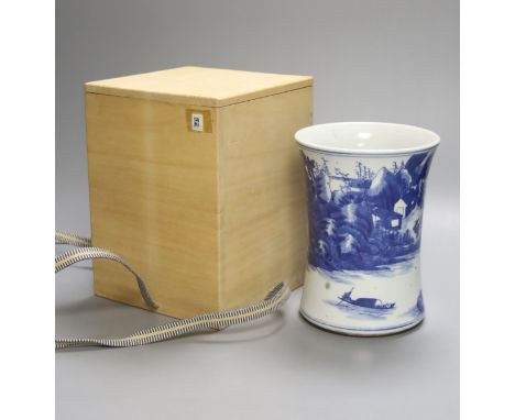 A Chinese blue and white porcelain brush pot, painted with a landscape, 17cm high, in later pine box