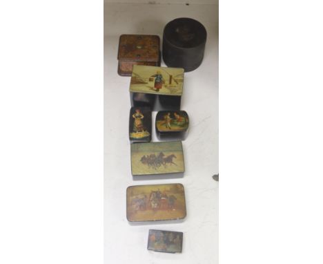 A collection of six Russian and European lacquer boxes, largest 14 x 9cm 9cm high, together with a papier mache snuff box and