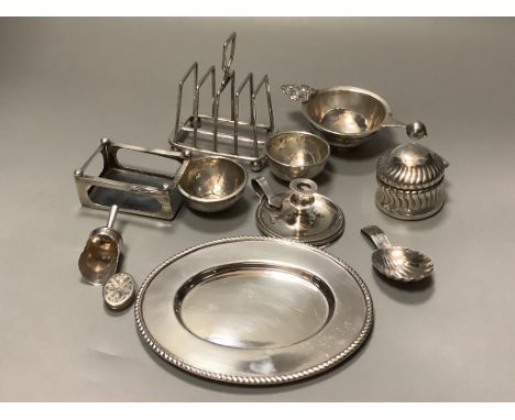 Miscellaneous small silver and other items,including a small oval silver tray, a miniature taper stick, a matchbox holder, a 