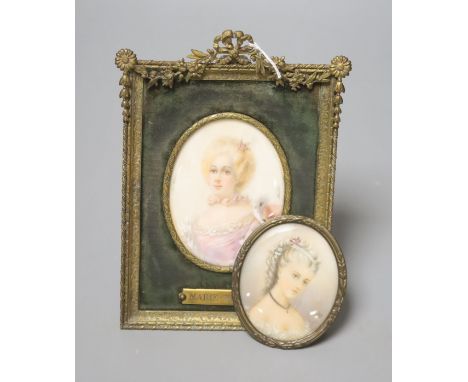 A framed portrait miniature of Marie Therese, overall 15.5cm high, and another similar miniature