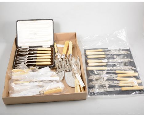 A box of mixed silver-plated cutlery, all fancy designs, mostly in sets of six,Onslow, Hampton Court, Feather Edge, Bell Flow