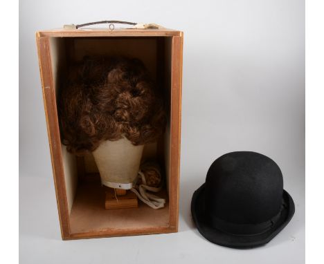 Vintage bowler hats, in hat box, along with a wig on wig stand, rolled posters and pictures, etc. 