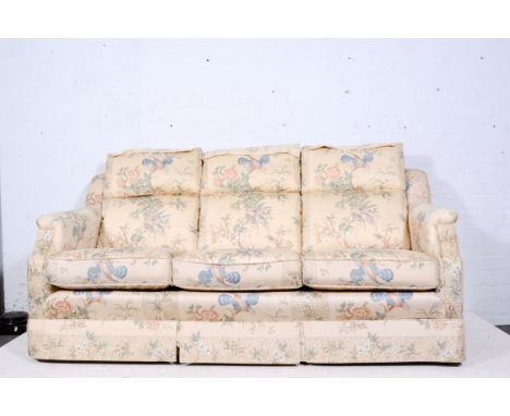 Three-seater sofa, cotton print upholstery, length 190cm, matching easy chair and a chaise longue, similarly upholstered, (3)