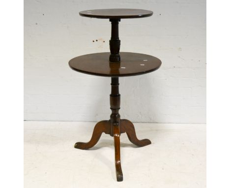 Late Georgian mahogany two-tier dumb waiter, two circular shelves, turned columns, tripod legs, height 102cm