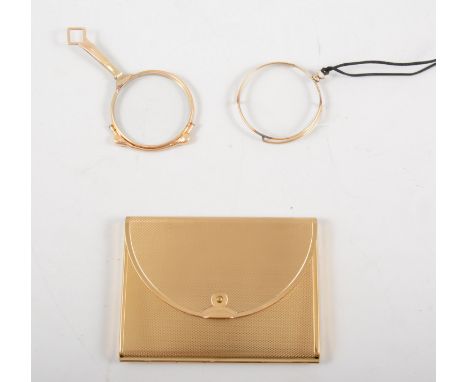 A Coty Envelope loose powder compact, as new in original pouch and box, a gold coloured lorgnette and a monocle. (3)