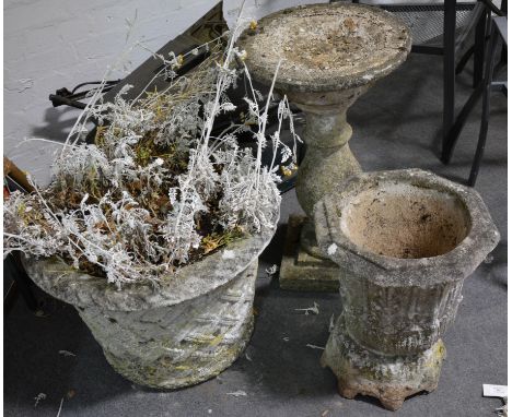 Concrete bird bath, baluster column, 75cm; concrete fluted urn tub; concrete planter, basket weave design. (2)