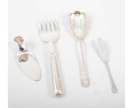 A box of silver-plated cutlery, mostly small utensils, caddy spoon, sugar tongs, berry spoon, sugar sifter, letter opener, co