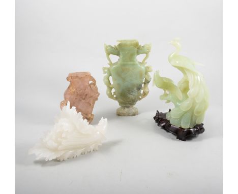 A modern Chinese Jade bird group, 18cm, with wooden stand in fitted presentation box, an 18cm green vase with dragon handles,