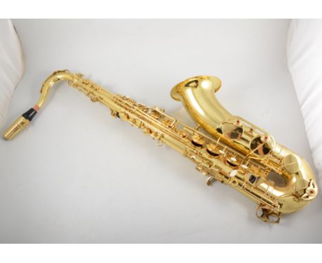 Lacquered brass tenor Saxophone, modern, 86cm, on a tripod stand.
