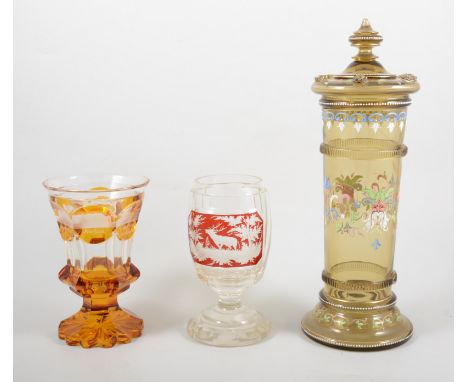Bavarian cut glass goblet, amber overlay, engraved with landmarks 19th century,together with another Bavarian glass late 19th