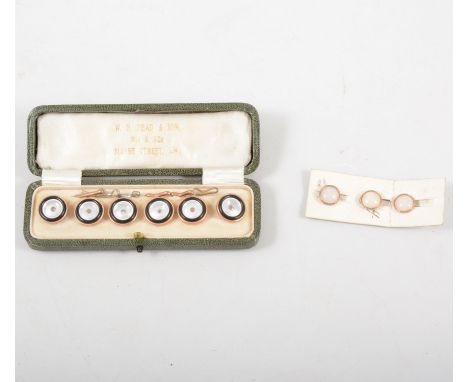 A collection of vintage cufflinks and dress studs, a cased set of six black and mother-of-pearl studs, the box named "W H Hea