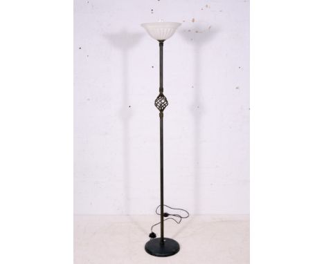 Verdigre effect metal standard lamp, uplight design, frosted shade, 180cm.
