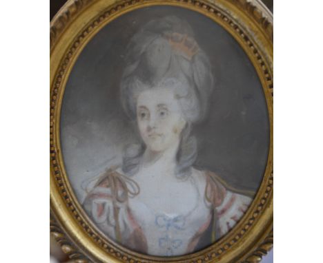 Follower of Daniel Gardener, portrait of a lady, watercolour, oval; and another watercolour in maple frame (2)