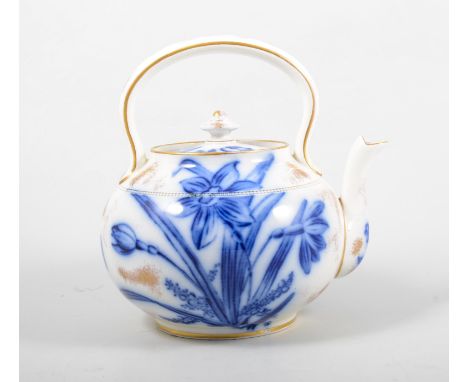 Macintyre & Co., blue and white kettle shape teapot, probably designed by William Moorcroft, Narcissus pattern, 18cm.
