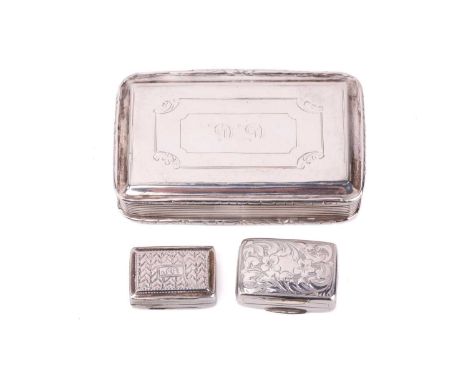 A Victorian silver snuff box by Nathaniel Mills, with chased border and engraved initialed cartouche, measuring 68 x 41 x 14m