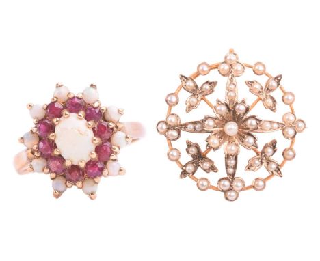 An Edwardian seed pearl floral brooch and a cluster ring; brooch measuring 28mm in diameter, marked 9ct to the reverse; the o