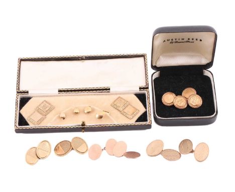 Four pairs of elliptical cufflinks and a dress stud cufflinks set; including two pairs of cufflinks with engine-turned design