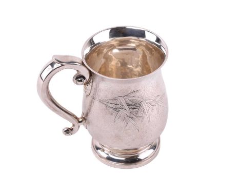 A Chinese silver tankard, 20th century, decorated with bamboo on a textured ground, scroll handle, stamped 'FJ, Sterling, Hon