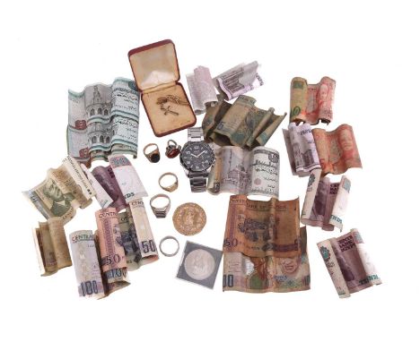 A collection of jewellery, coins and bank notes; comprising two signet rings with hallmarks for 9ct gold, two white metal rin