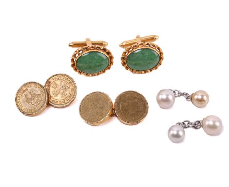 Three pairs of cufflinks; including a pair of South Sea pearl cufflinks set with four round cultured pearls of 8.4 - 9.4 mm i