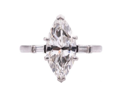 A marquise diamond solitaire ring, featuring a marquise-cut diamond of 3.47cts in claw setting, approximately measures 16.26 