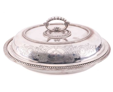 A Victorian silver entrée dish and cover, by Edward &amp; John Barnard, London 1862, of oval form with beaded borders and bay