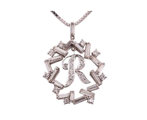 A diamond pendant with the initial 'R' suspended within a border of baguette cut and round brilliant cut diamonds, with a tot