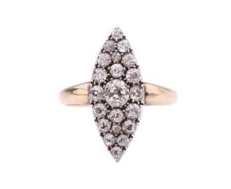 A diamond navette-shaped panel ring, set with a cluster of old-cut diamonds with an estimated total weight of 1.54ct, to a ta