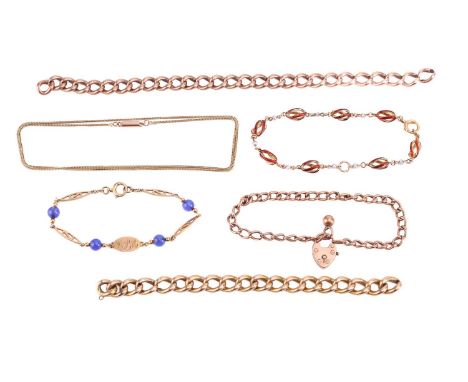 A collection of jewellery including a gate bracelet marked '9ct' to the padlock clasp, measuring 17cm in length, a red enamel