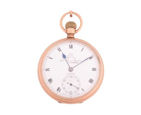 A Thos. Russel &amp; Son Liverpool open face 9ct gold pocket watch and chain, featuring a keyless wound movement in a 9ct gol