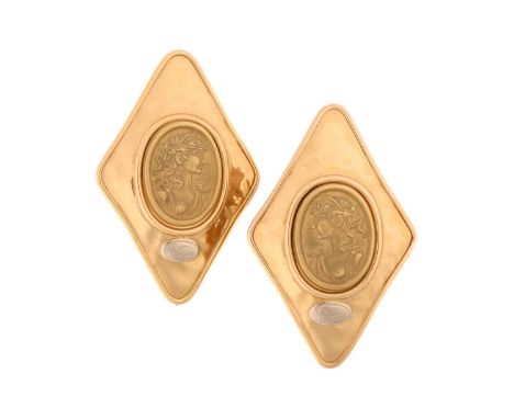 A pair of panel earrings of cameo design, each rhombic-shaped panel with a hammered texture, centred with an oval plaque of s