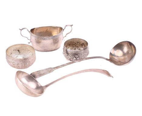 A Victorian silver sugar bowl with twin scrolled handles, by Daniel &amp; John Wellby, London 1879, a silver ladle by EK &amp