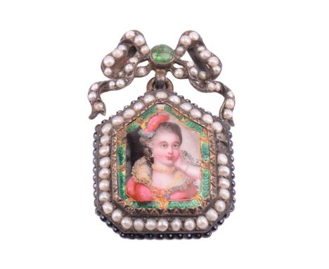 An 18th-century French enamel miniature pendant, the pentagon enamel miniature depicts a bust of a lady posing hand behind he